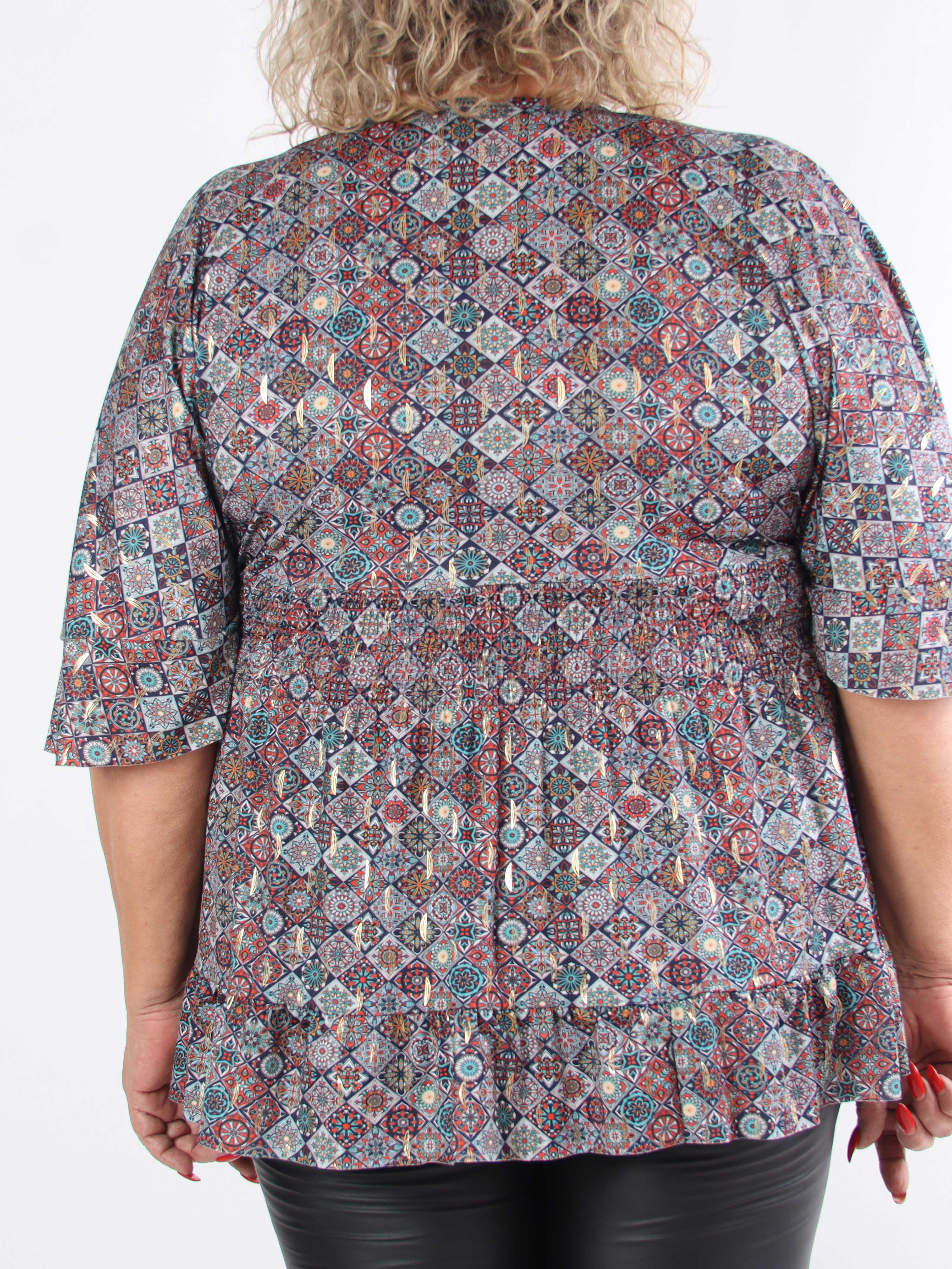 Pamela Mosaic Shirt - Elastisk plus size tunika med smock och volanger